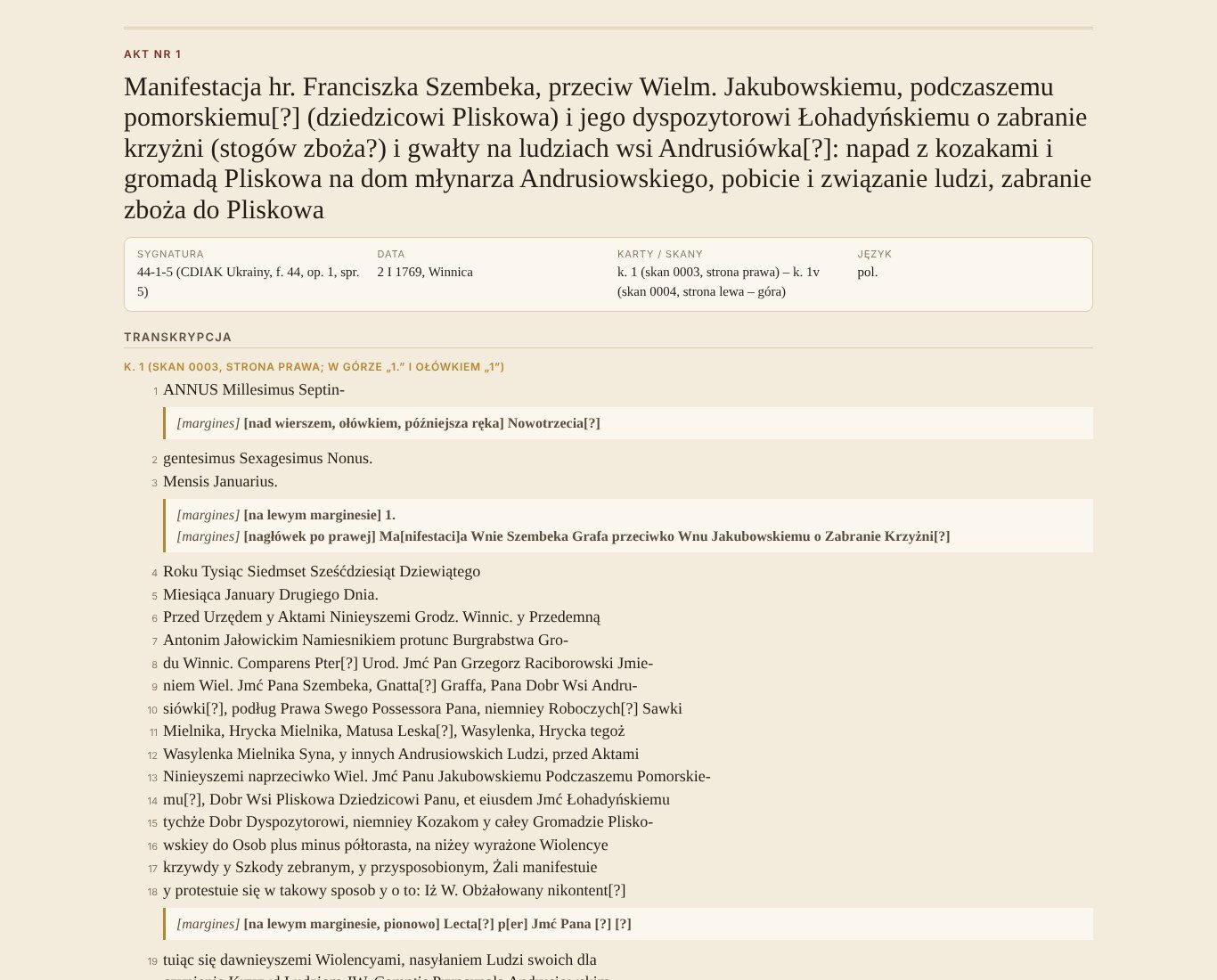 Akt nr 1 z księgi 44-1-5: nagłówek, metryczka i transkrypcja wiersz po wierszu