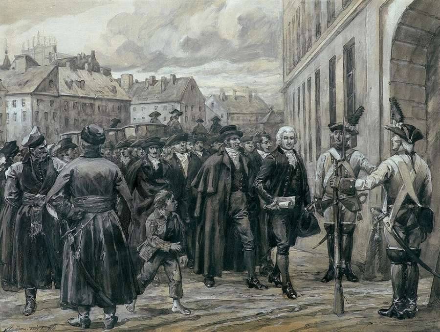 Stanisław Bagieński, Jan Dekert na czele Czarnej Procesji przed Zamkiem w Warszawie (1914) – delegaci miast królewskich 2 grudnia 1789 r. Domena publiczna, Wikimedia Commons.