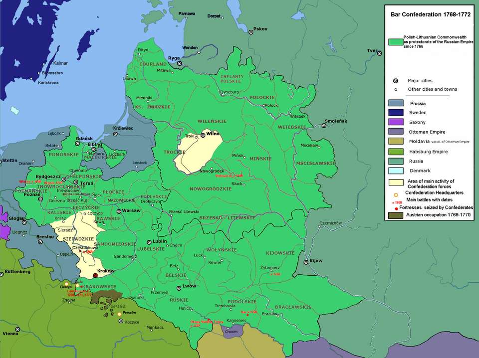 Zasięg działań konfederacji barskiej 1768–1772. Mapa: Maciej Szczepańczyk (Mathiasrex) na podstawie warstw Halibutta, Wikimedia Commons, CC BY 3.0.