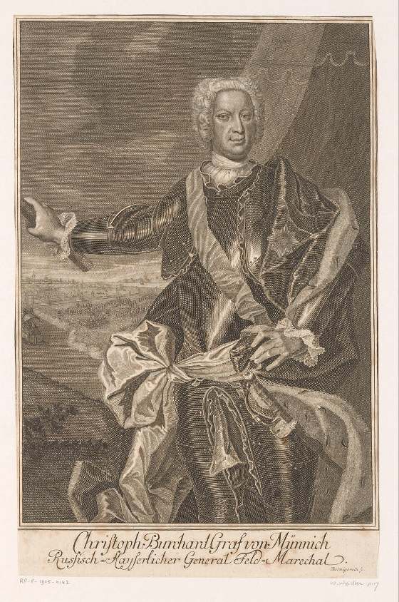 Burkhard Christoph von Münnich, feldmarszałek rosyjski, do którego sejmik bracławski słał posłów z prośbą o uwolnienie od leż zimowych – rycina z XVIII w., Rijksmuseum, CC0, Wikimedia Commons.